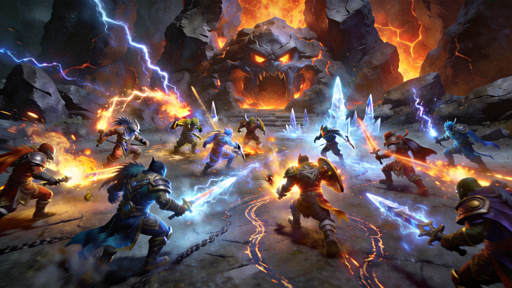 DOTA2职业比赛团战画面，双方英雄在肉山巢穴附近展开大规模交火