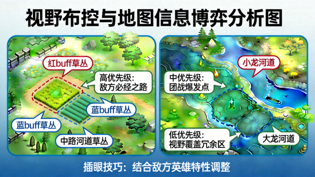 视野布控与地图信息博弈分析图，展示关键草丛与河道的插眼优先级